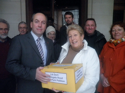 Image courtesy of Chesterfield Liberal Democrats Cllr Davenport hands petition to CBC Chief Executive